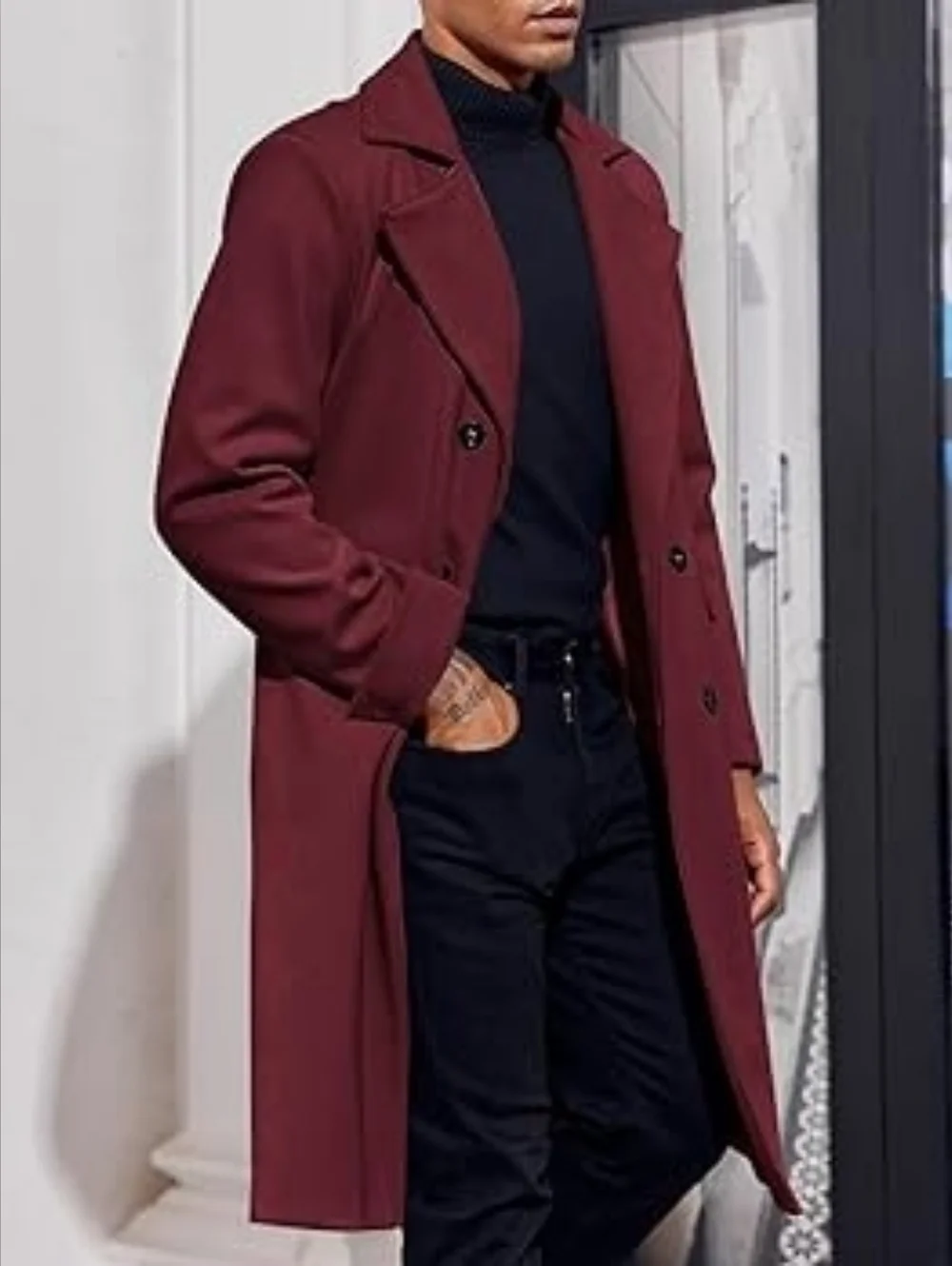 Men's Double-Breasted Long Coat - Burgundy